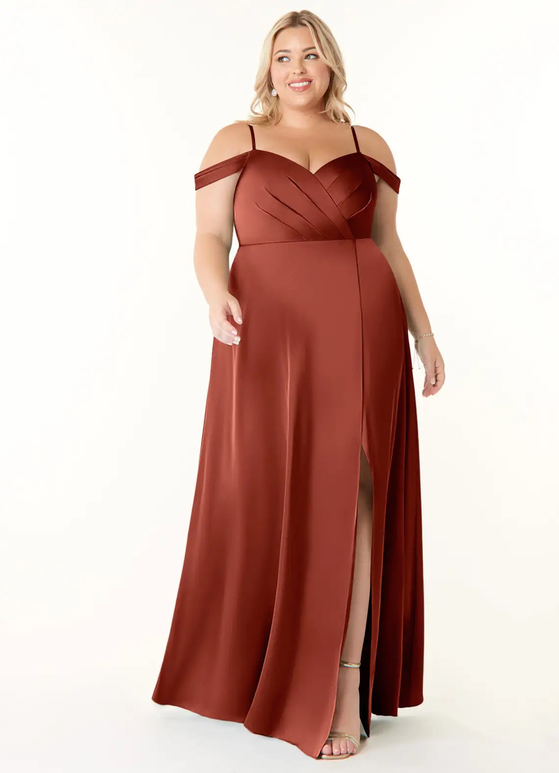 Vestido Longo Plus Size Terracota Cetim Linha A | Curvely
