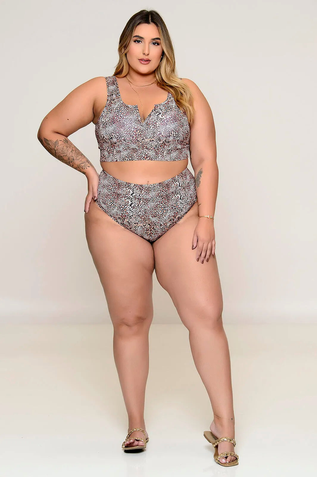 Biquíni Plus Size Animal Print UV50+ com Top Conforto e Calcinha Cintura Alta