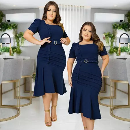 Vestido Feminino Tubinho Midi Social Plus Size Com Cinto E Botão