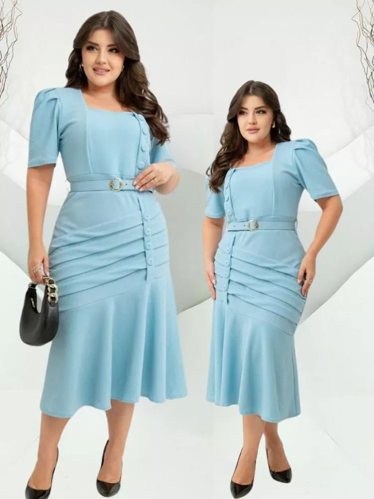 Vestido Feminino Tubinho Midi Social Plus Size Com Cinto E Botão