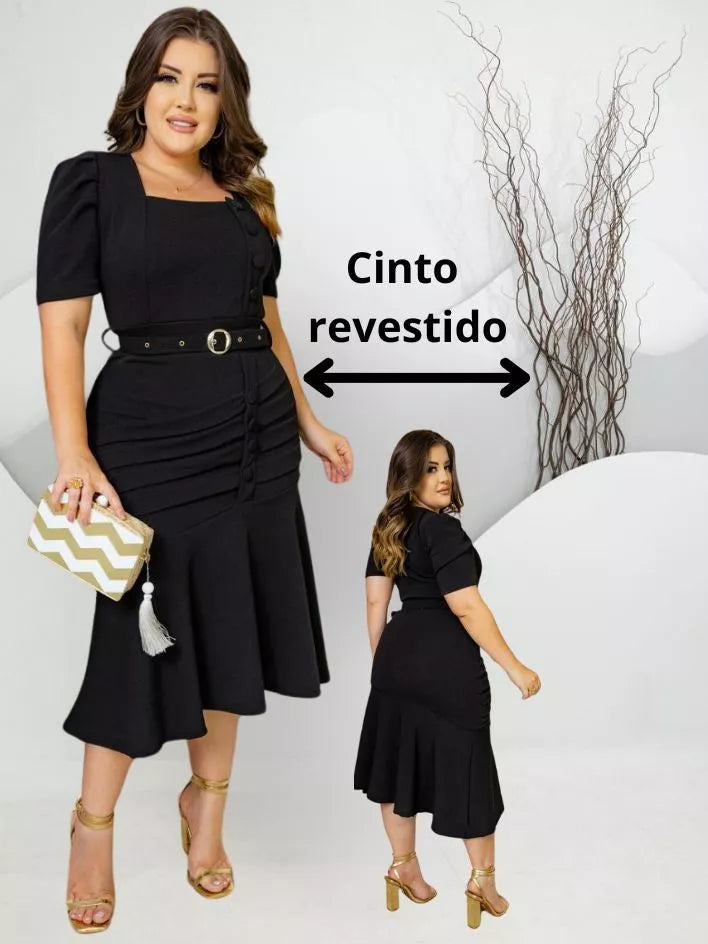 Vestido Feminino Tubinho Midi Social Plus Size  Com Cinto E Botão