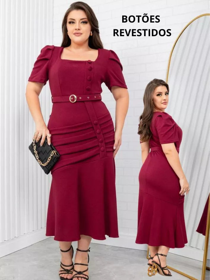 Vestido Feminino Tubinho Midi Social Plus Size  Com Cinto E Botão