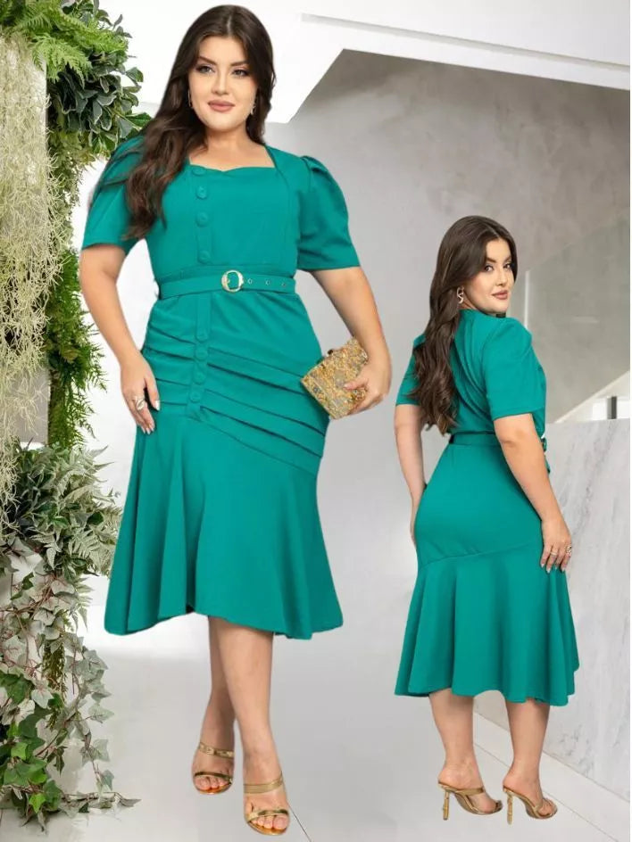 Vestido Feminino Tubinho Midi Social Plus Size  Com Cinto E Botão