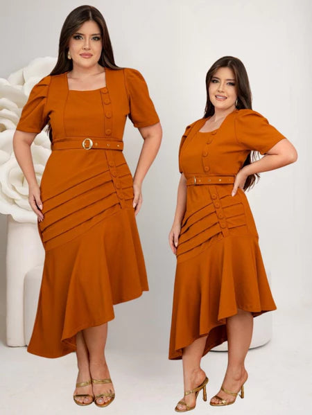 Vestido Feminino Tubinho Midi Social Plus Size  Com Cinto E Botão