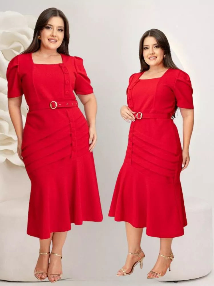 Vestido Feminino Tubinho Midi Social Plus Size  Com Cinto E Botão