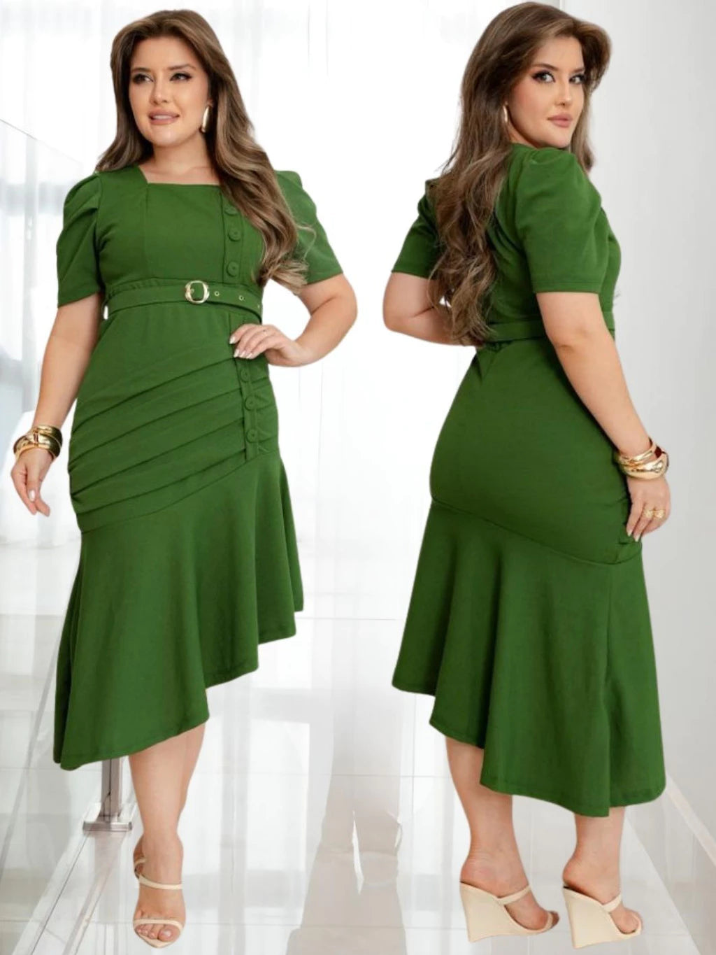 Vestido Feminino Tubinho Midi Social Plus Size  Com Cinto E Botão