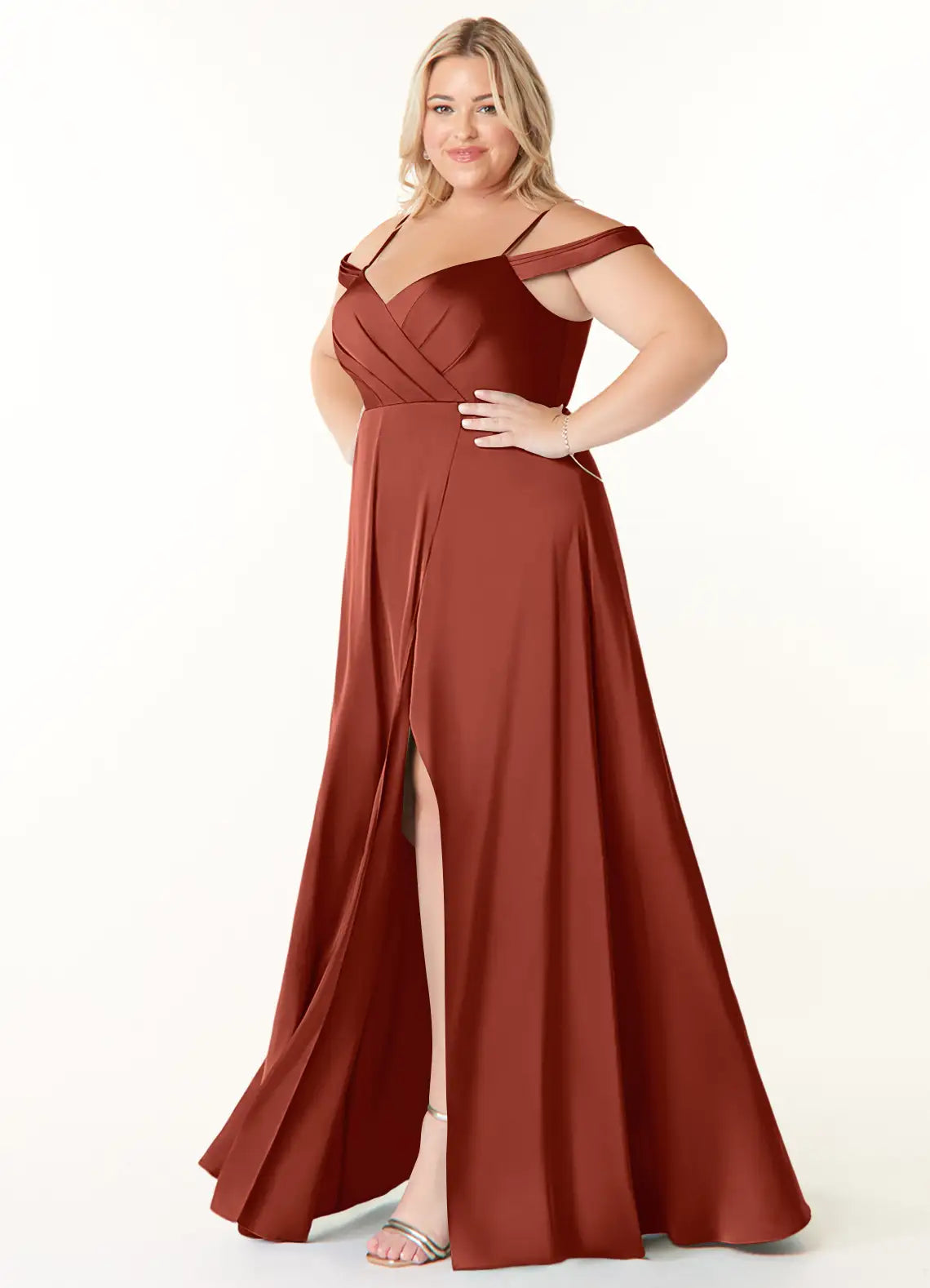 Vestido Longo Plus Size Terracota Cetim Linha A | Curvely